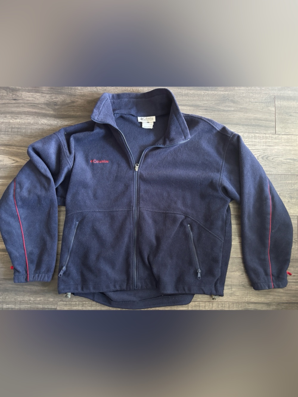 Vintage 90s Columbia Fleece Jacket Navy Blue Red Piping - Right Chest Logo